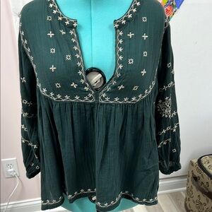 Lucky Brand Dark Green Embroidered Blouse